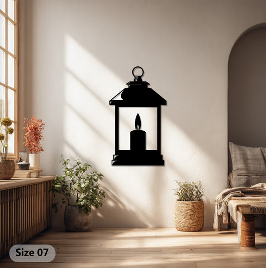 Black dominates this Ramadan lantern metal wall decor, highlighting its elegant silhouette as a striking piece of metal wall art.