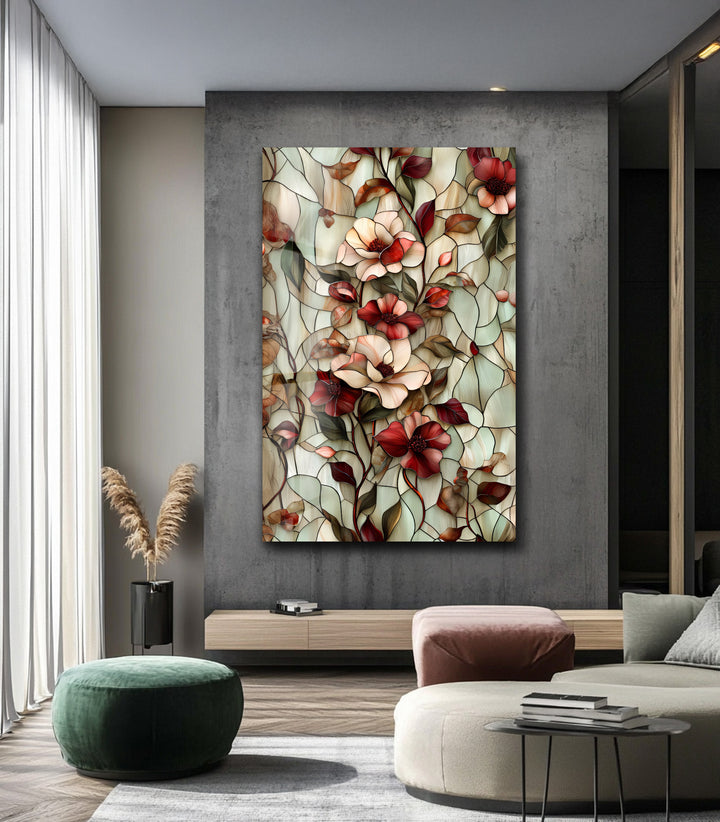 Crimson Bloom Harmony – Stained Floral Glass Wall Art