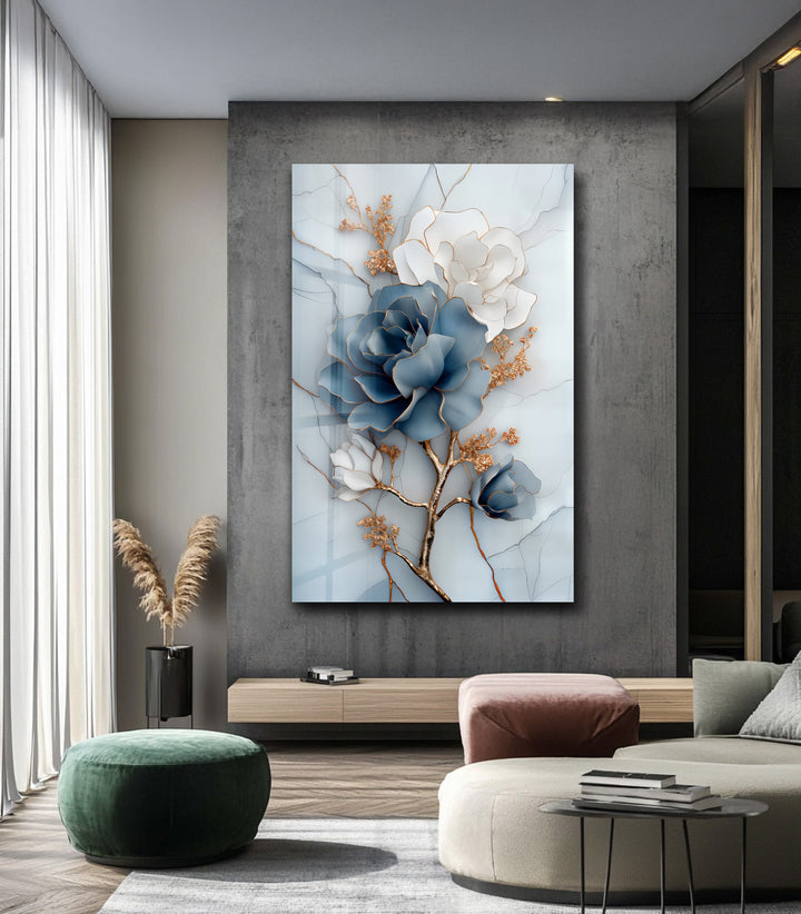 Blue Bloom Harmony – Elegant Floral Glass Wall Art