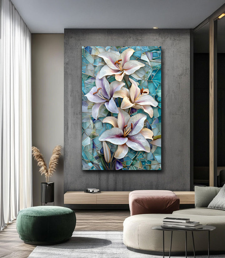 Ocean Lilies – Blue Mosaic Floral Glass Wall Art
