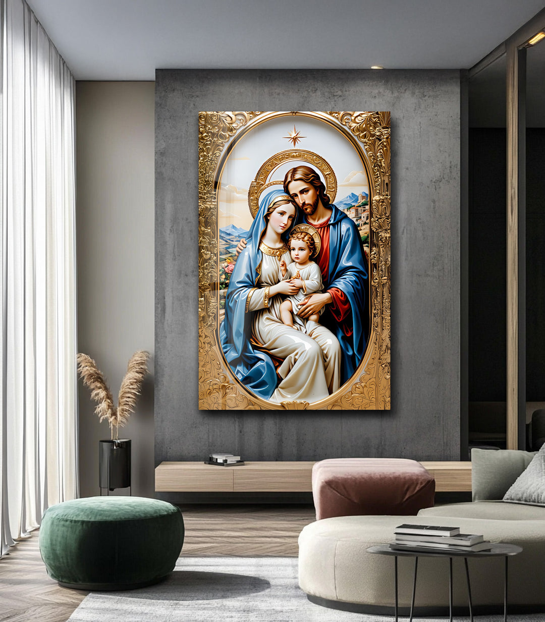 Holy Family in Gold – Christian Glass Wall Art