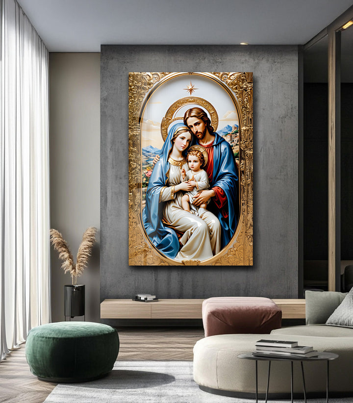Holy Family in Gold – Christian Glass Wall Art