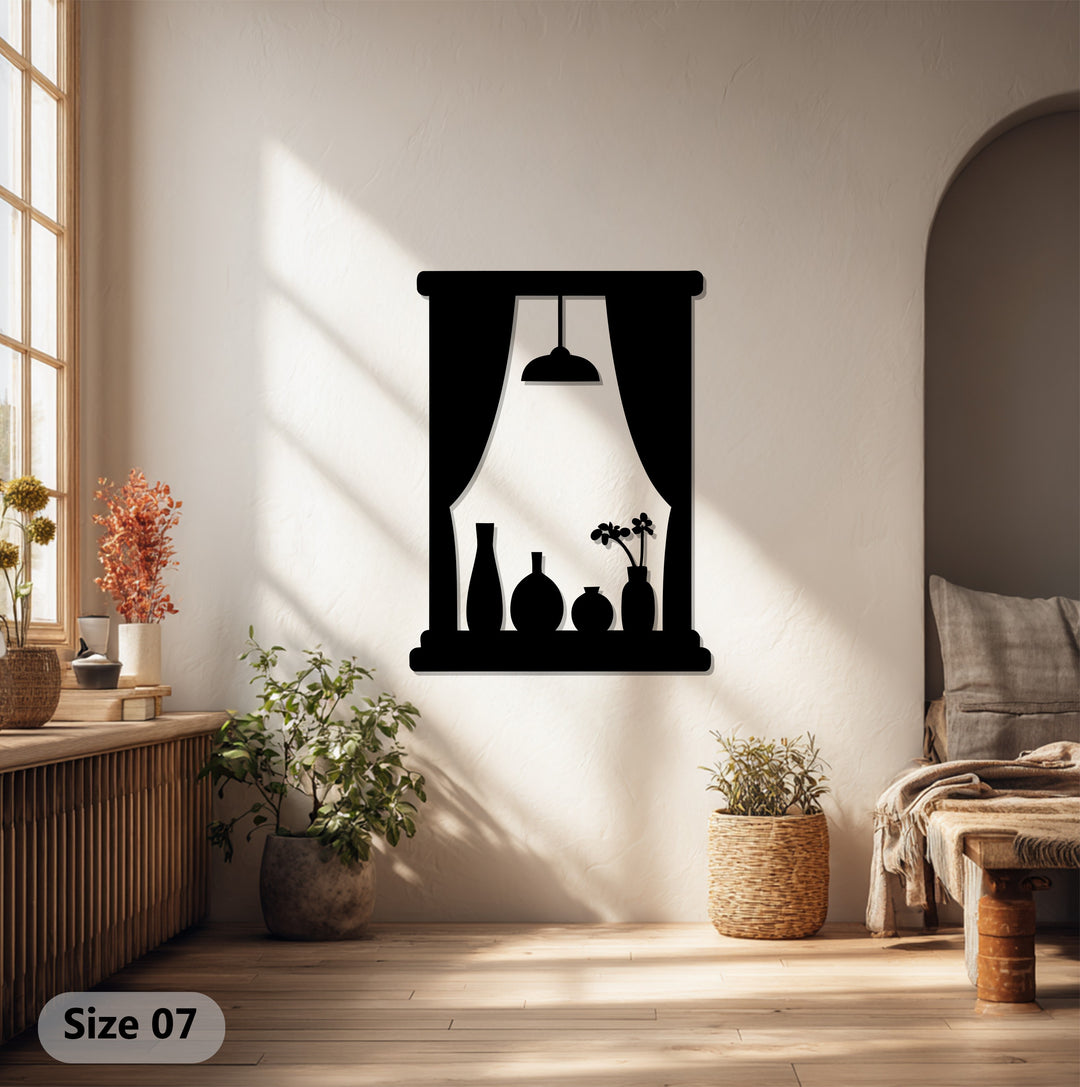 Window Scene with Vases and Lamp – Modern Metal Wall Art Decor