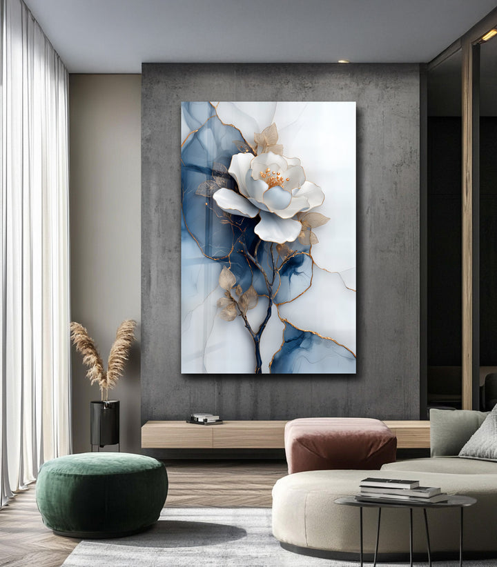 Golden Midnight Bloom – White Flower on Navy Marble Glass Wall Art