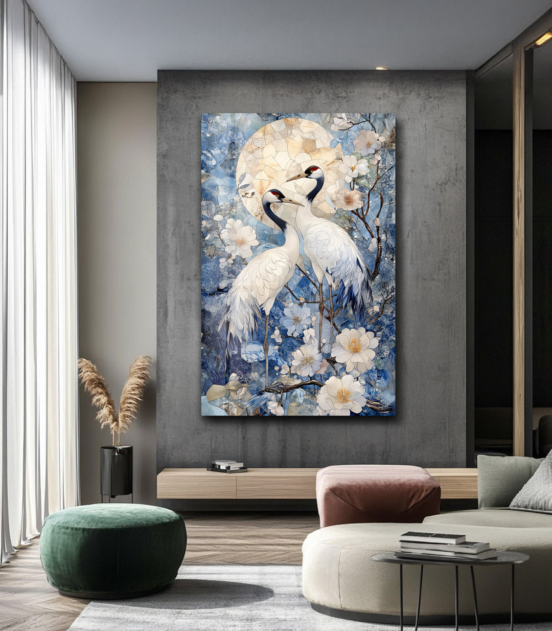 Moonlit Cranes – Elegant Nature Scene Glass Wall Art