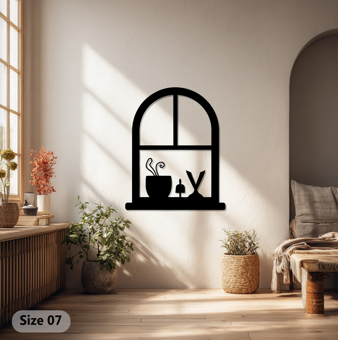 Arched Window Frame with Potted Plant – Minimalist Metal Wall Art Decor