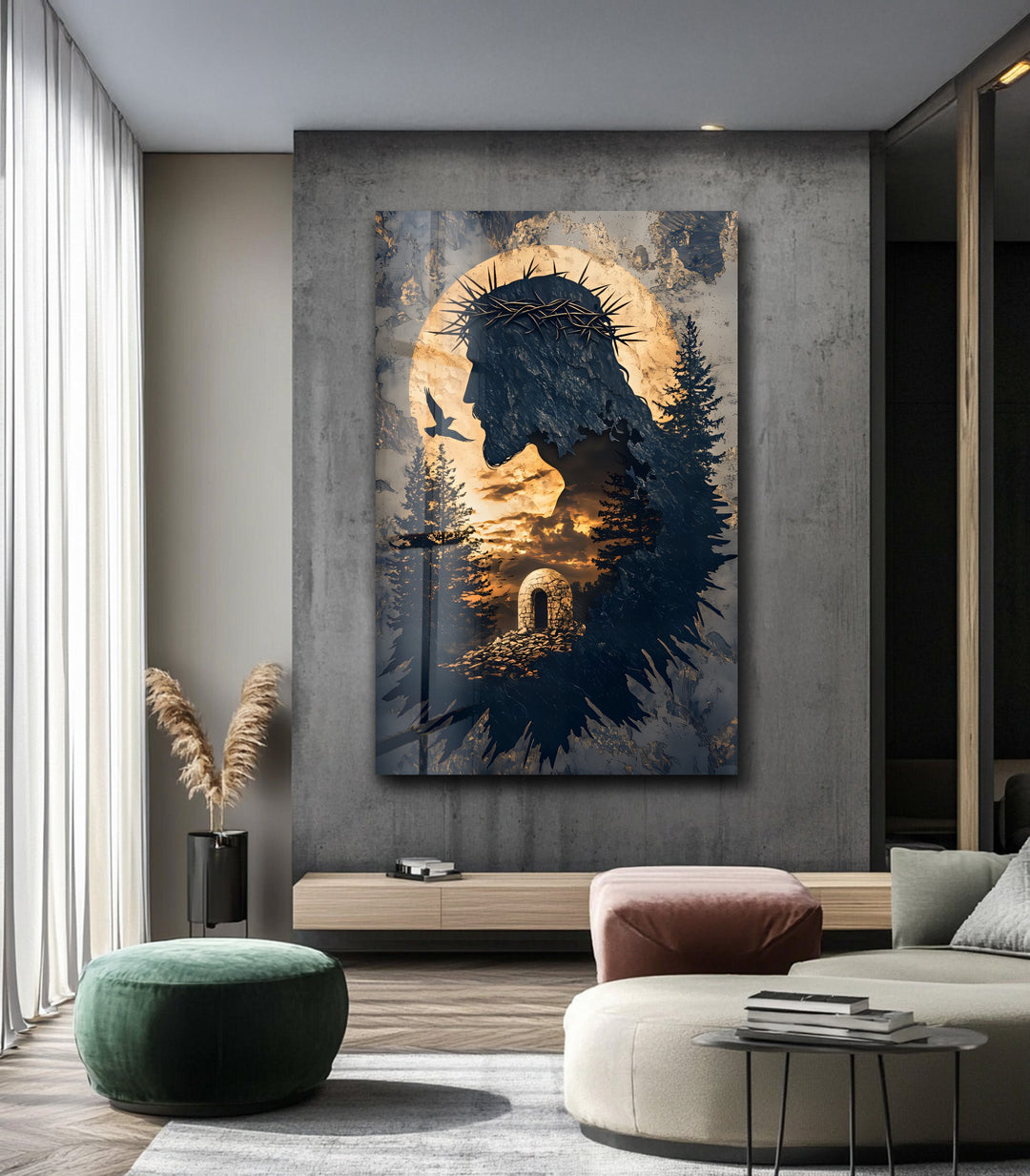 He Is Risen – Silhouette of Christ with Resurrection Tomb Glass Wall Art