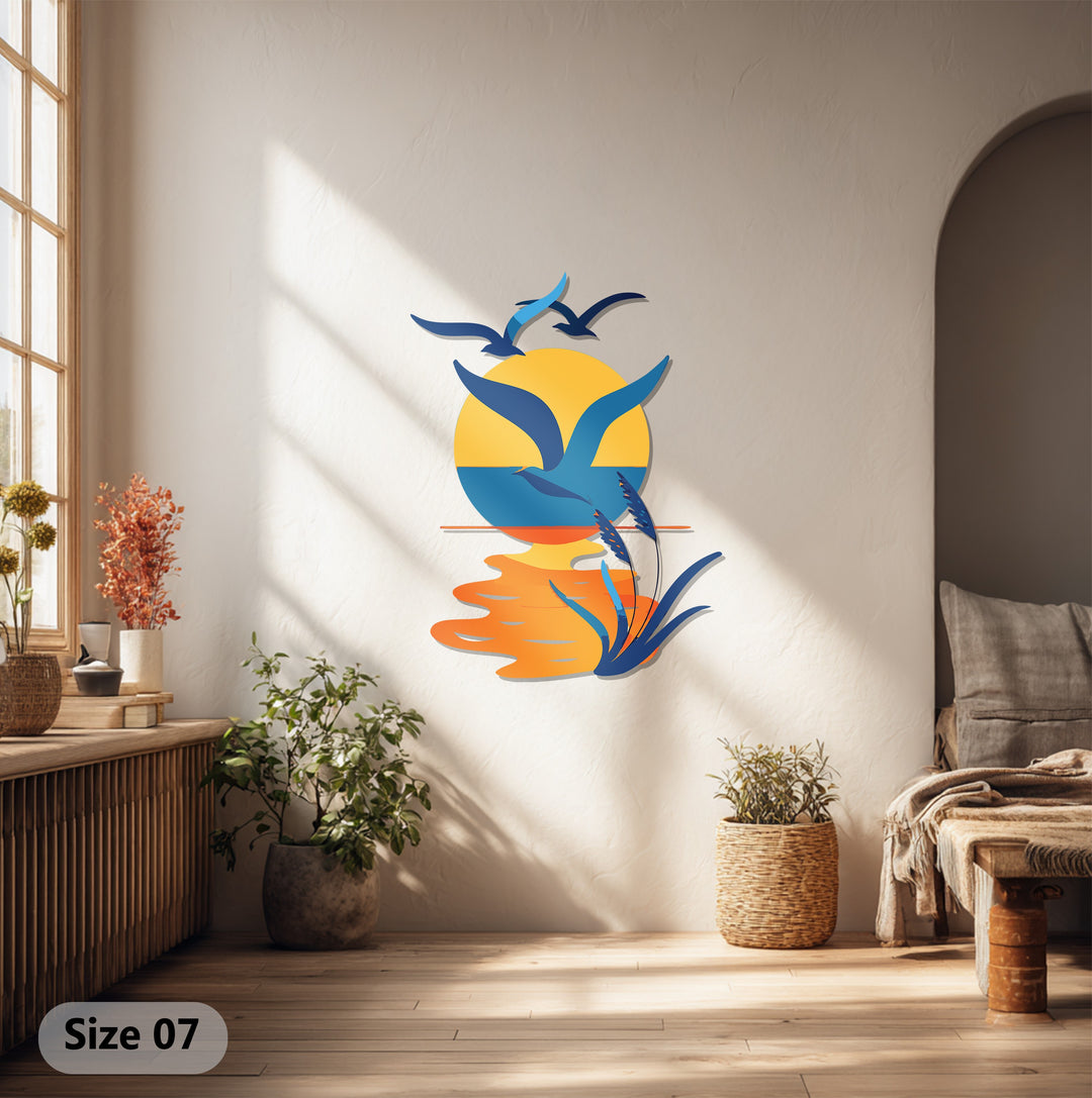 Seaside Harmony Metal Wall Art – Sunset & Flying Birds Design