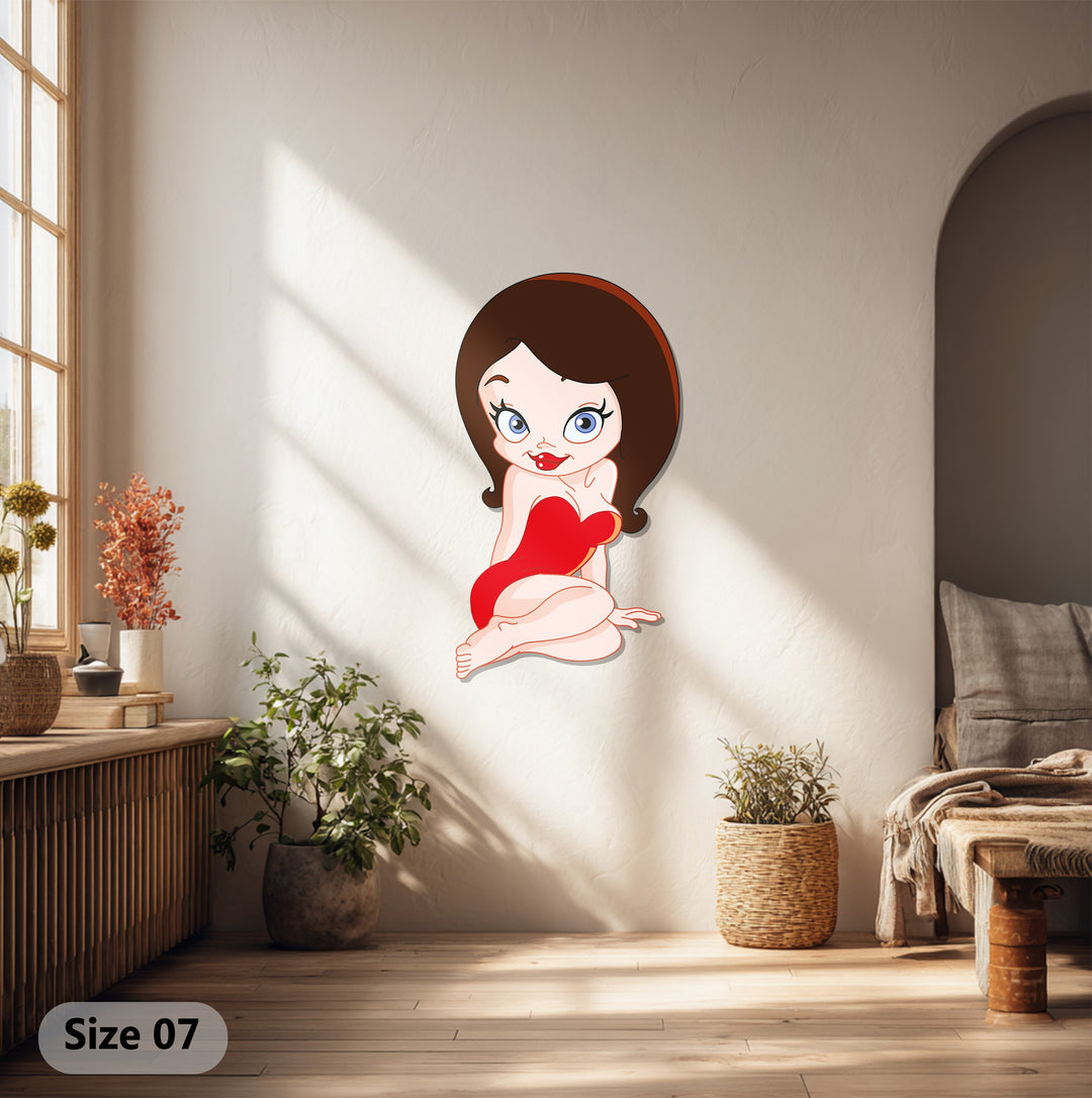 Cartoon Woman Metal Wall Art – Playful Red Dress Modern Wall Decor