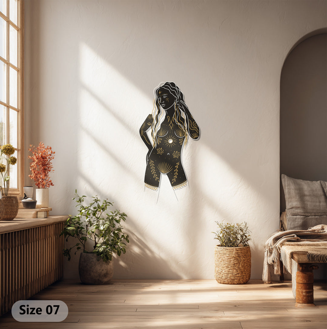 Celestial Goddess Metal Wall Art – Black and Gold Feminine Silhouette Decor