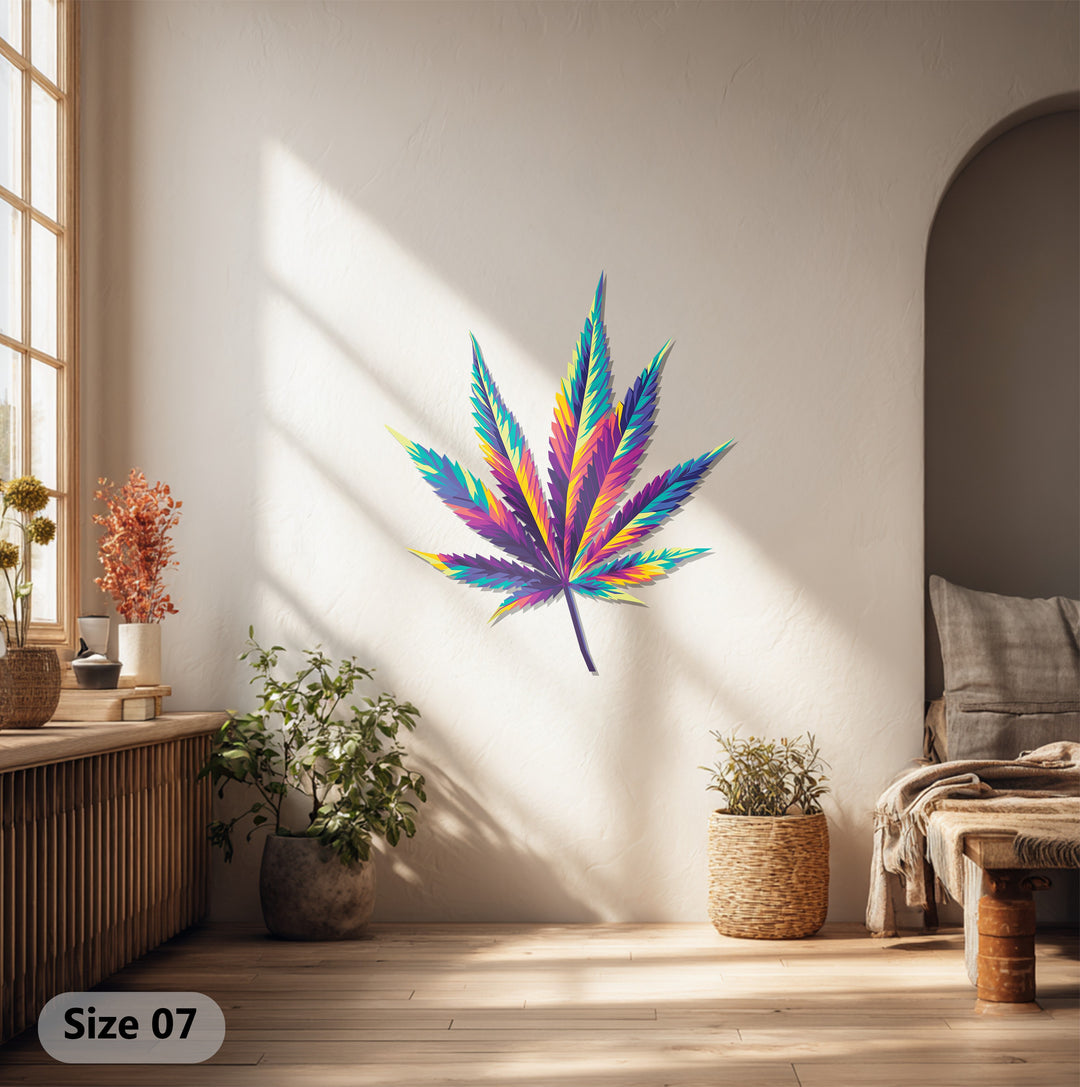 The vibrant and loud cannabis leaf takes center stage as a captivating piece of metal art for wall, featuring a psychedelic design and abstract flair.