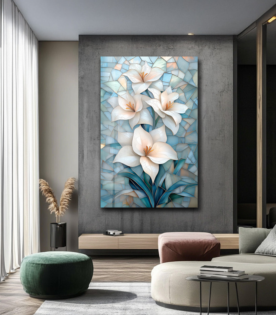 Ivory Radiance – White Lily Mosaic Glass Wall Art