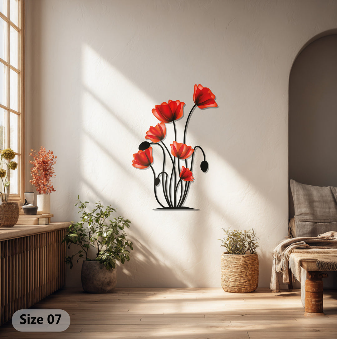 Highlighting the focal point, the red poppy flowers add an artistic touch to any room, making this metal wall decor a stunning botanical statement.