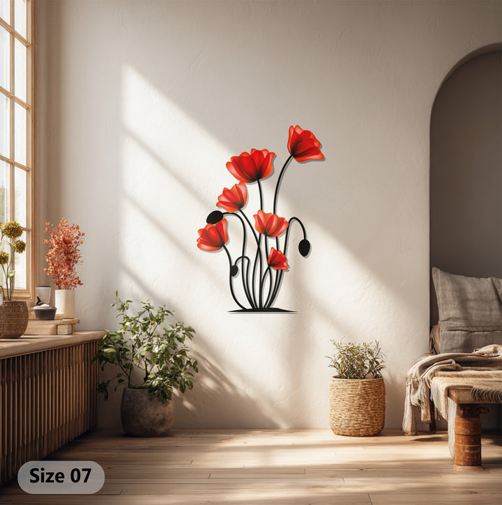 Highlighting the focal point, the red poppy flowers add an artistic touch to any room, making this metal wall decor a stunning botanical statement.