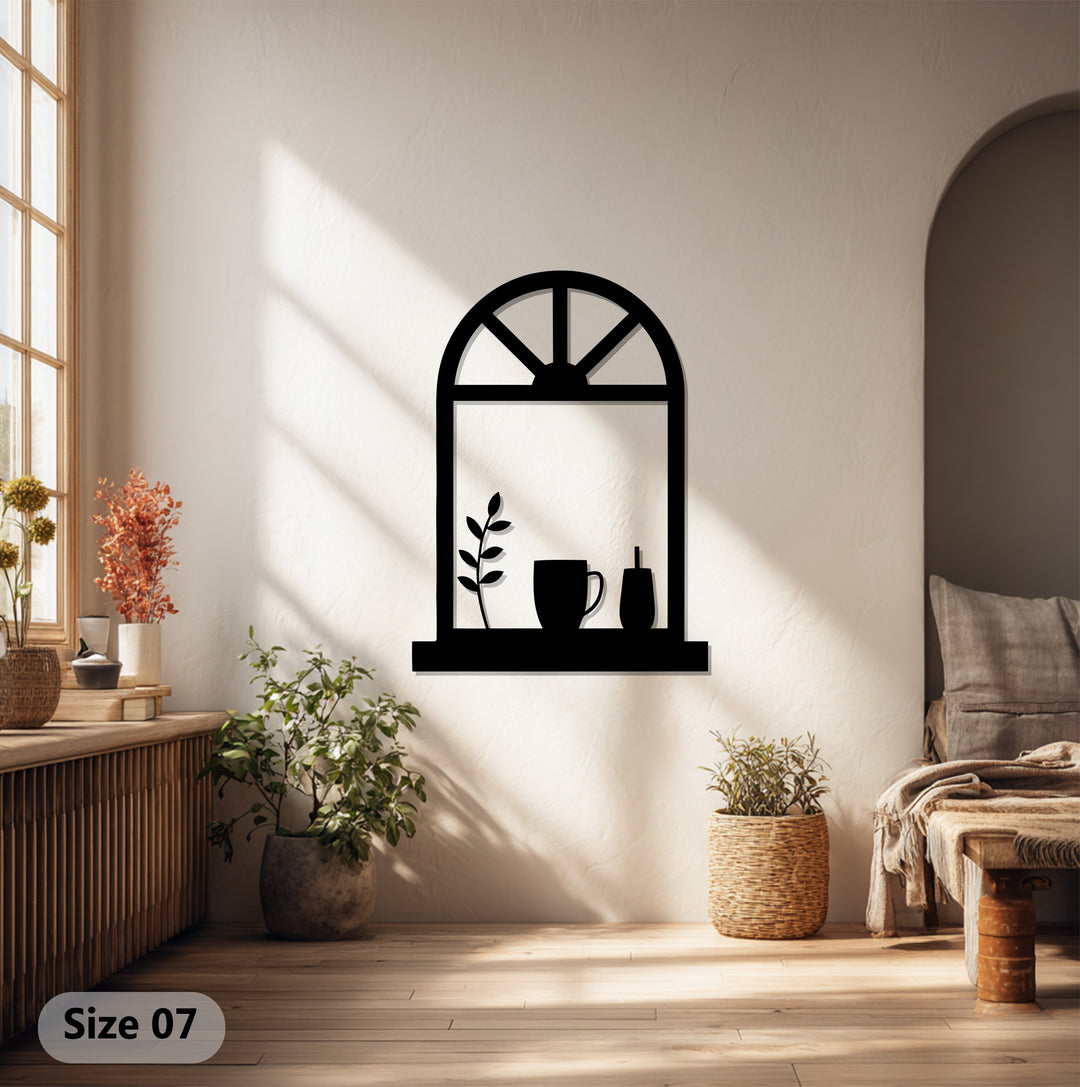 Cozy Window Scene – Coffee Mug & Plant Metal Wall Art