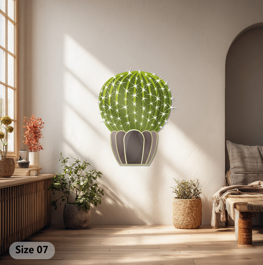 Showcasing the organic forms of the Prickly Sphere Cactus metal art for wall, the design highlights round lines and the soft glow of sunlight.