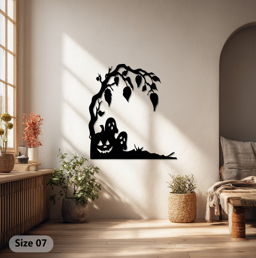 Haunted Pumpkin & Ghosts Metal Wall Art – Spooky Halloween Décor