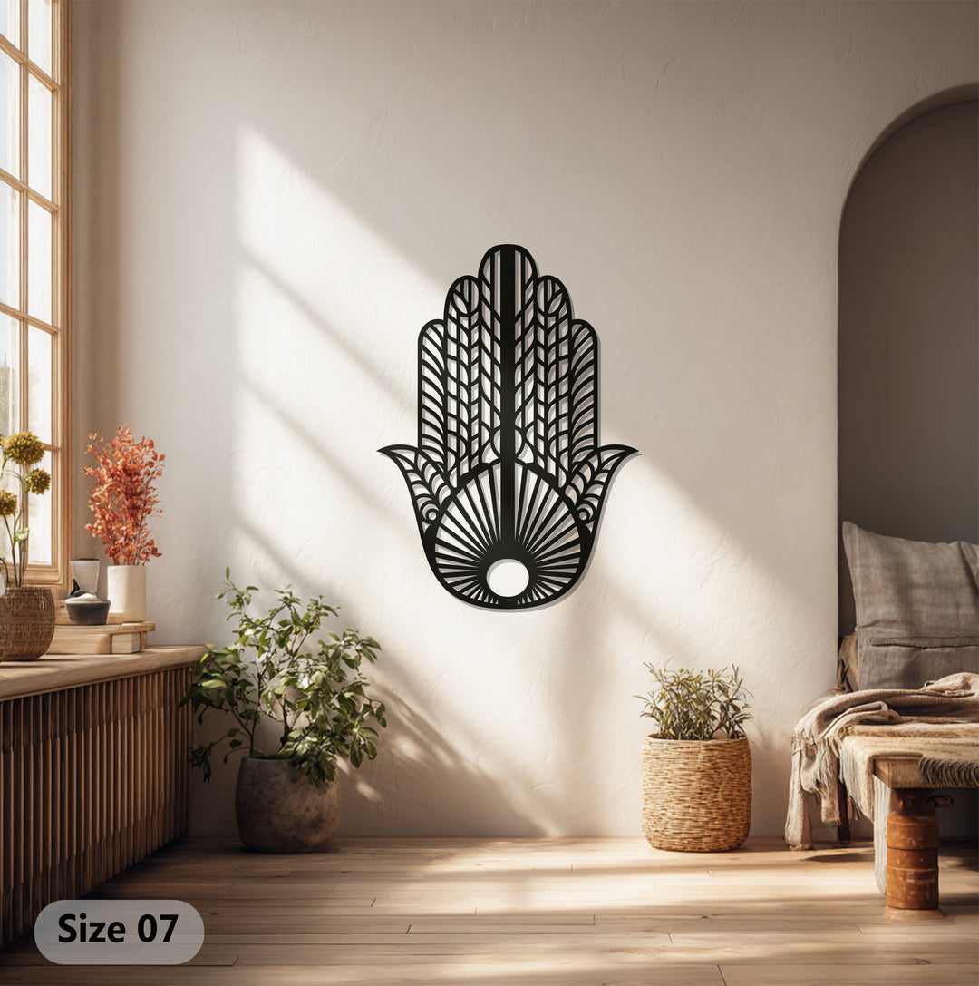 Hamsa Hand Metal Wall Art – Black Symbolic Wall Sculpture