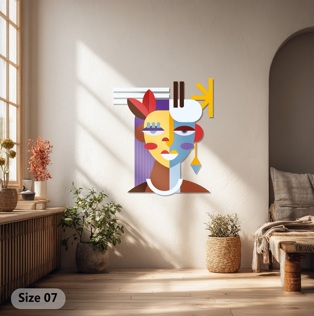 Abstract Woman Face Metal Wall Art – Colorful Modern Cubist Home Decor