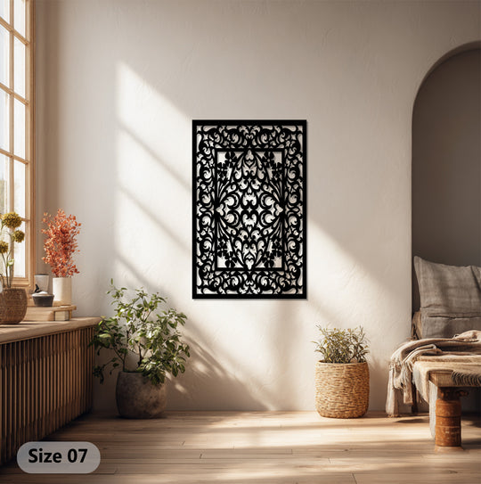 Bathed in gentle sunlight, the serene decoration wall art panel, titled 'Ornate Symmetry,' casts an elegant, shadow-filled mood in the naturally lit interior space.