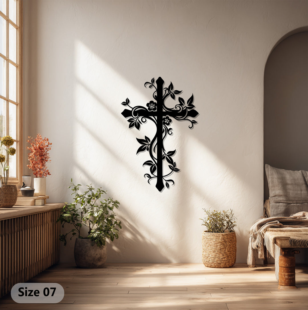 Floral Grace Cross – Elegant Christian Metal Wall Art for Home Décor