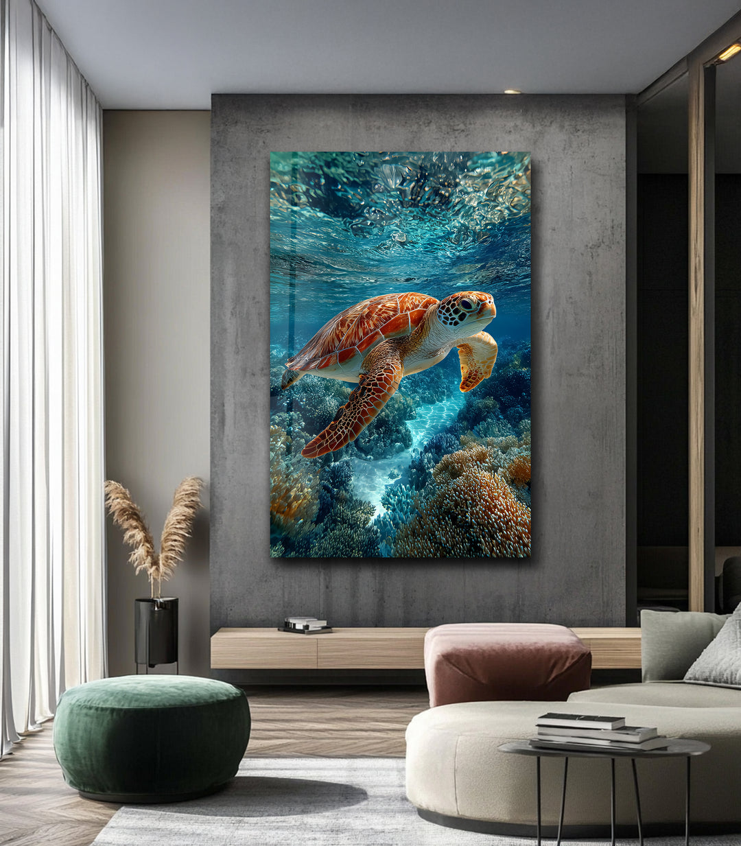 Graceful Voyager – Sea Turtle Underwater Glass Wall Art