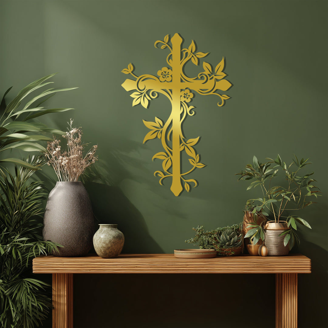 Floral Grace Cross – Elegant Christian Metal Wall Art for Home Décor