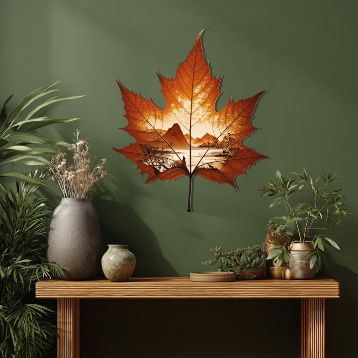 Earthy green background complements the autumn-themed nature landscape depicted in the metal artwork, a stunning piece of metal artwork wall decor.