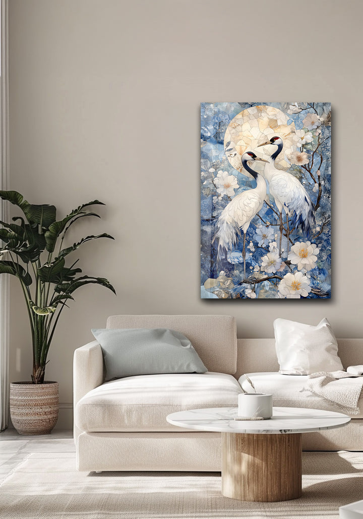 Moonlit Cranes – Elegant Nature Scene Glass Wall Art