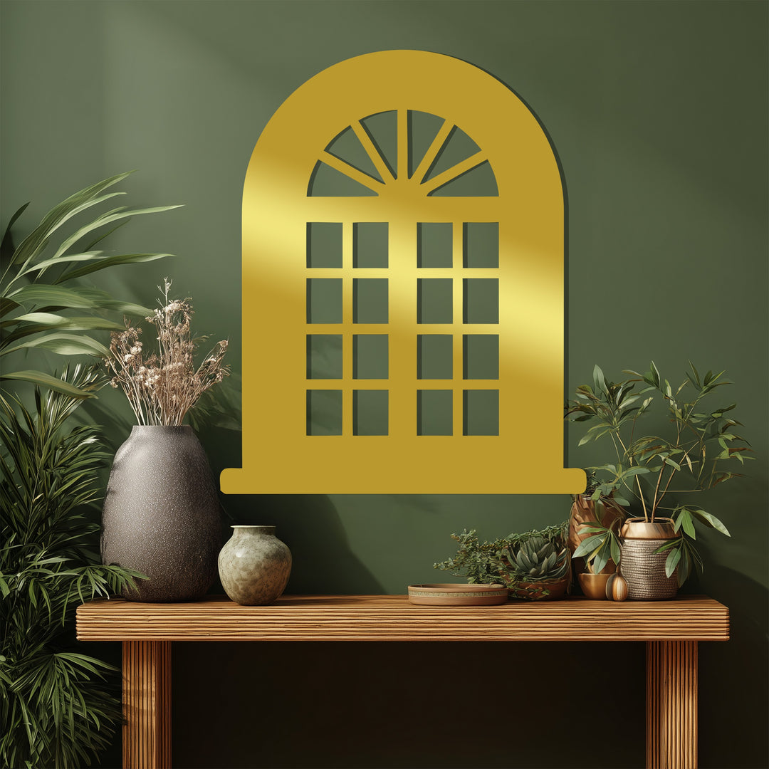 Classic Arched Window – Geometric Grid Metal Wall Art