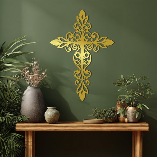 Showcasing the layering effect, an ornate faith cross, decorative Christian metal artwork, casts a subtle shadow against the wall, enhancing its elegant design.