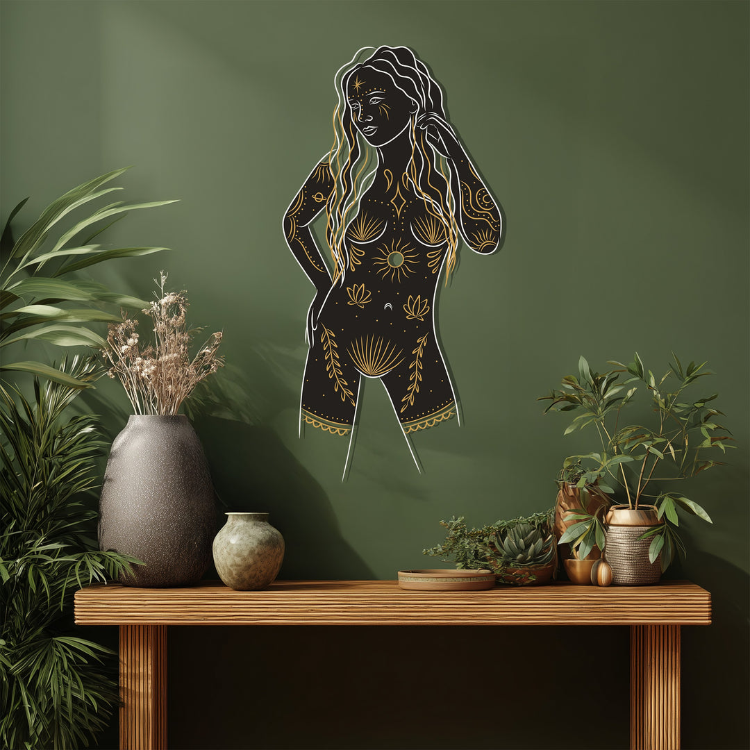 Celestial Goddess Metal Wall Art – Black and Gold Feminine Silhouette Decor