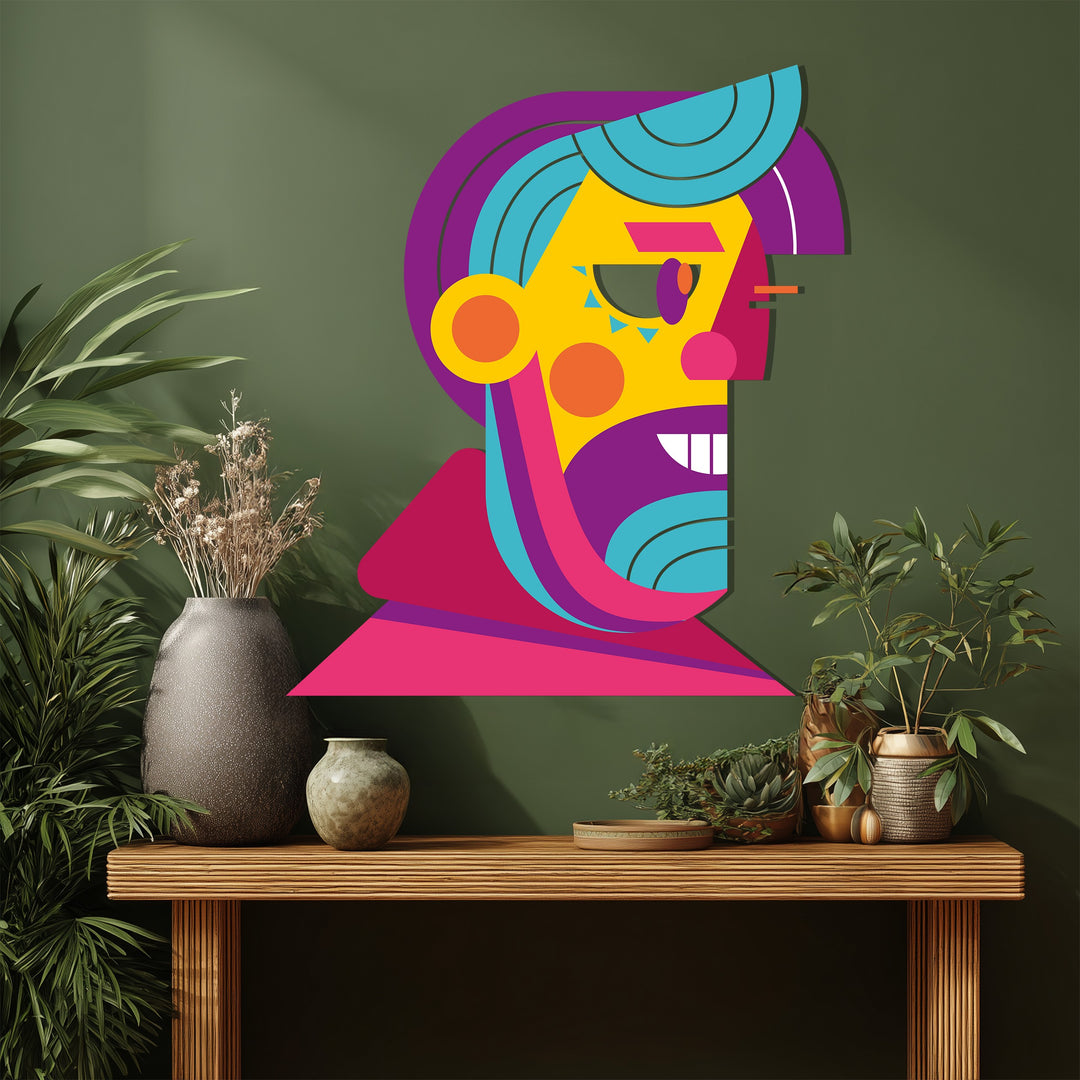 Vibrant Abstract Man Face Metal Wall Art – Modern Pop Cubist Home Decor