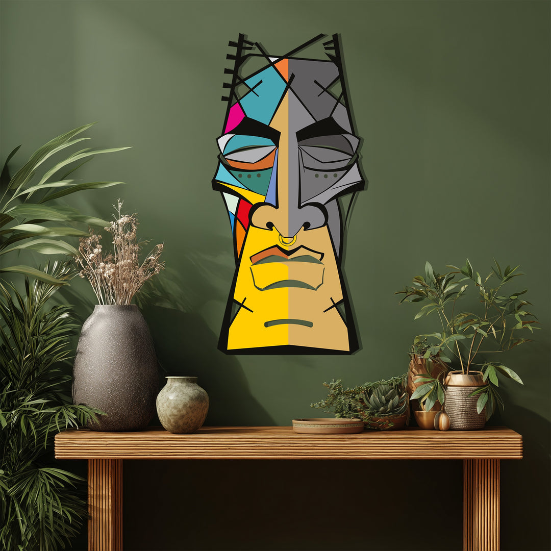 Abstract Tribal Face Metal Wall Art – Colorful Modern Geometric Decor