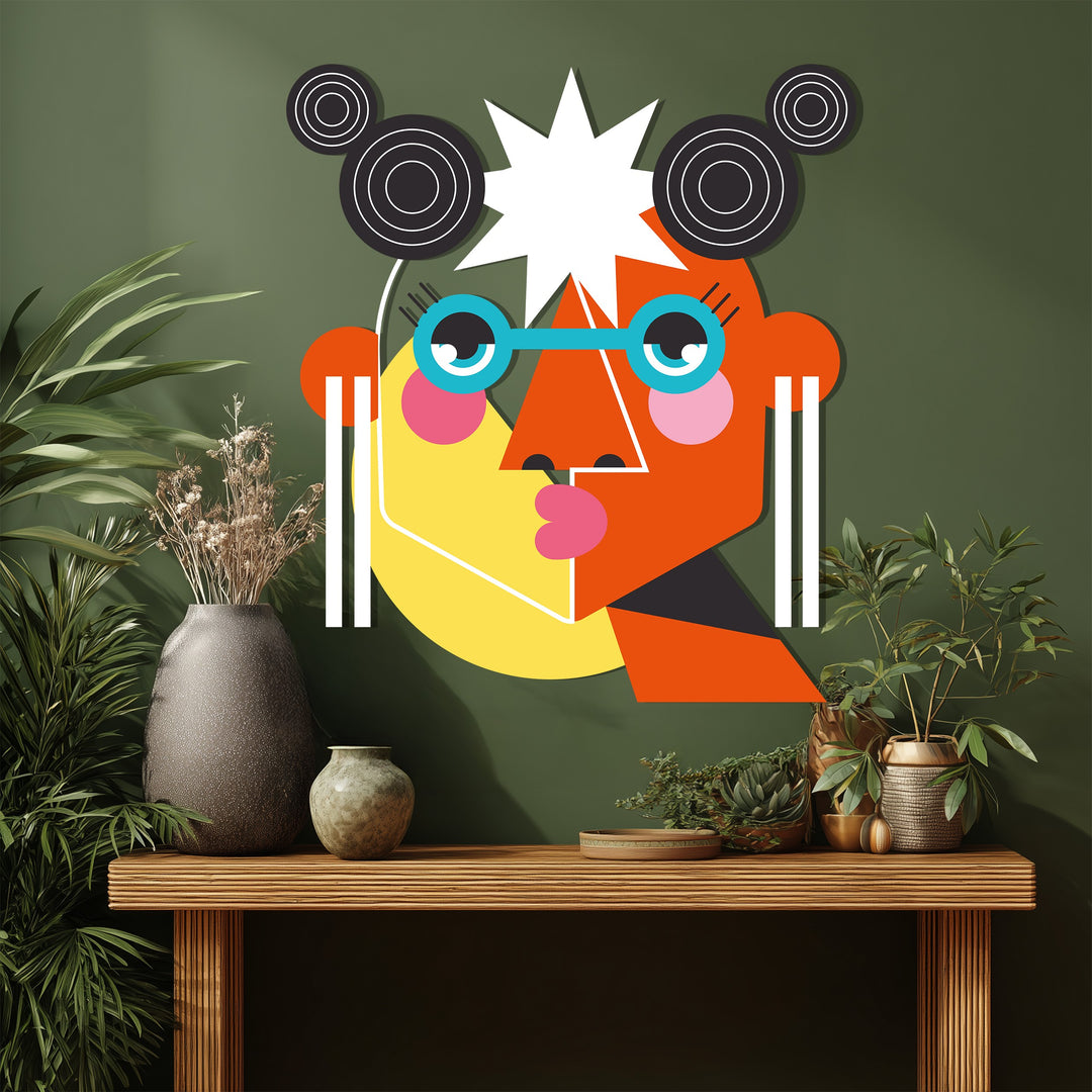 Abstract Woman Metal Wall Art – Colorful Geometric Face Wall Decor