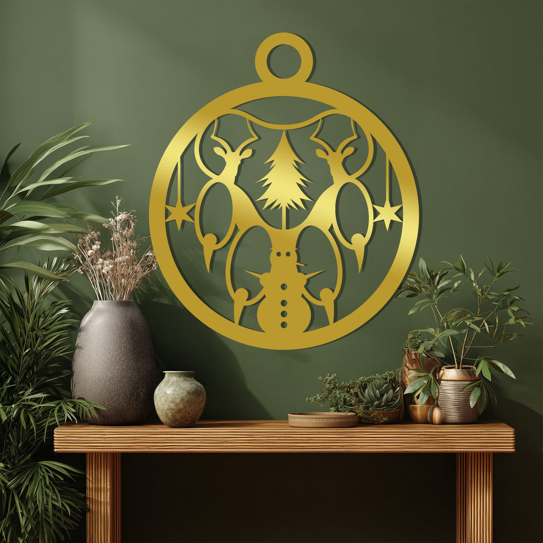 تناغم الشتاء – عيد الميلاد مع الرنة ورجل الثلج فن جداري معدني