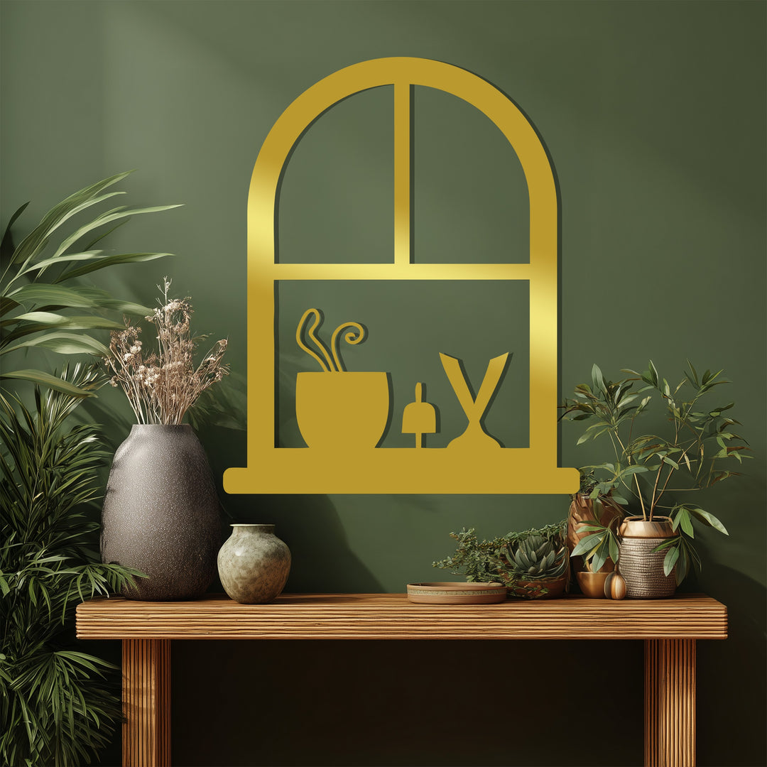 Arched Window Frame with Potted Plant – Minimalist Metal Wall Art Decor