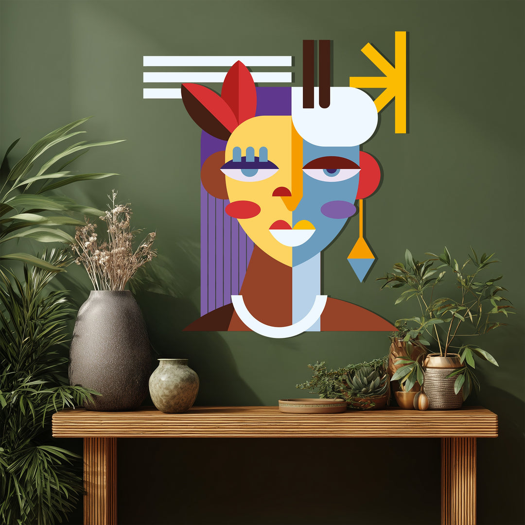 Abstract Woman Face Metal Wall Art – Colorful Modern Cubist Home Decor