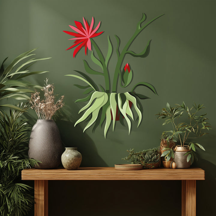 In the stillness, a red bloom hanging plant is captured in this unique metal wall art, a botanical modern wall decor piece.