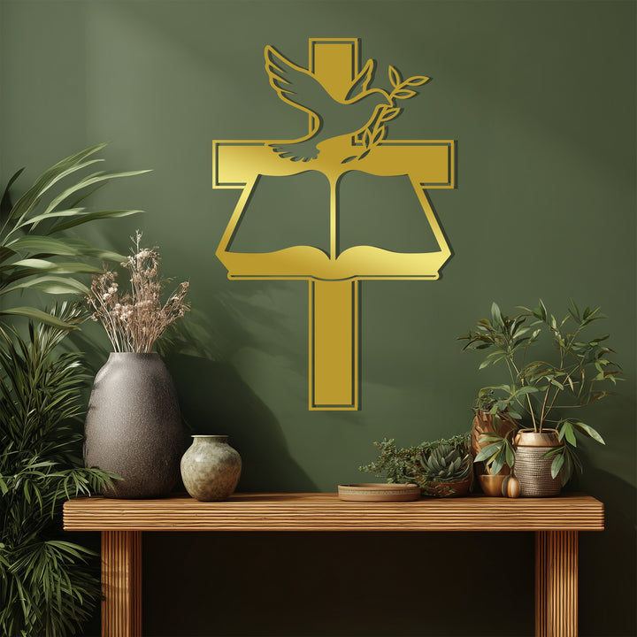 Cross dove Bible wall art metal
