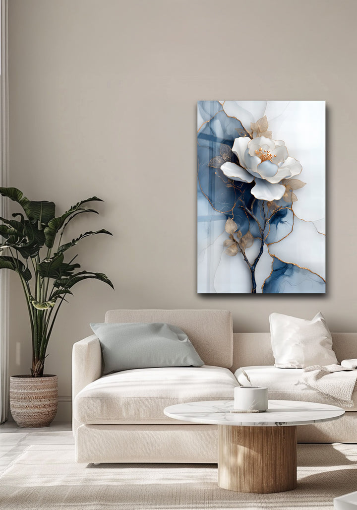 Golden Midnight Bloom – White Flower on Navy Marble Glass Wall Art