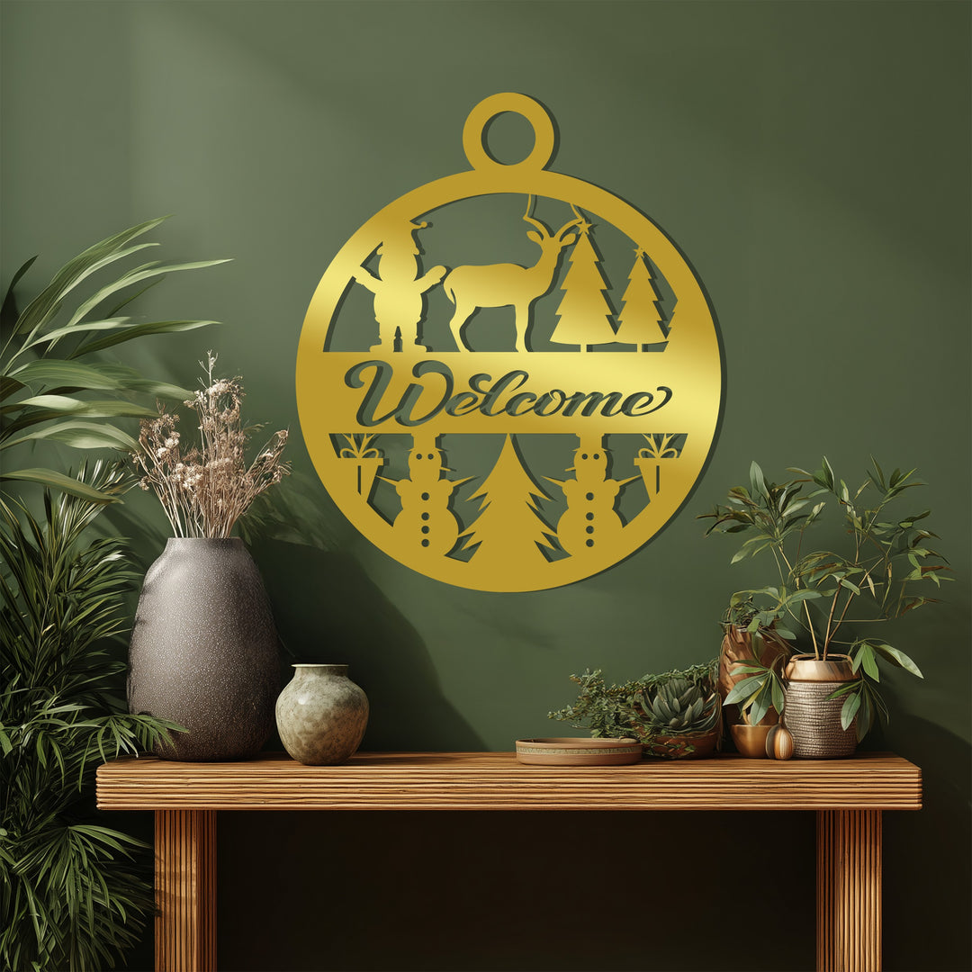 ترحيب احتفالي – غزال عيد الميلاد ورجل الثلج فن جداري معدني