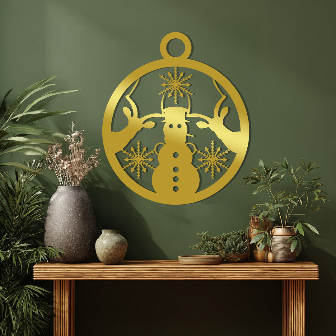 Abbraccio invernale – Natale con pupazzo di neve e renne Decorazioni Murali in Metallo