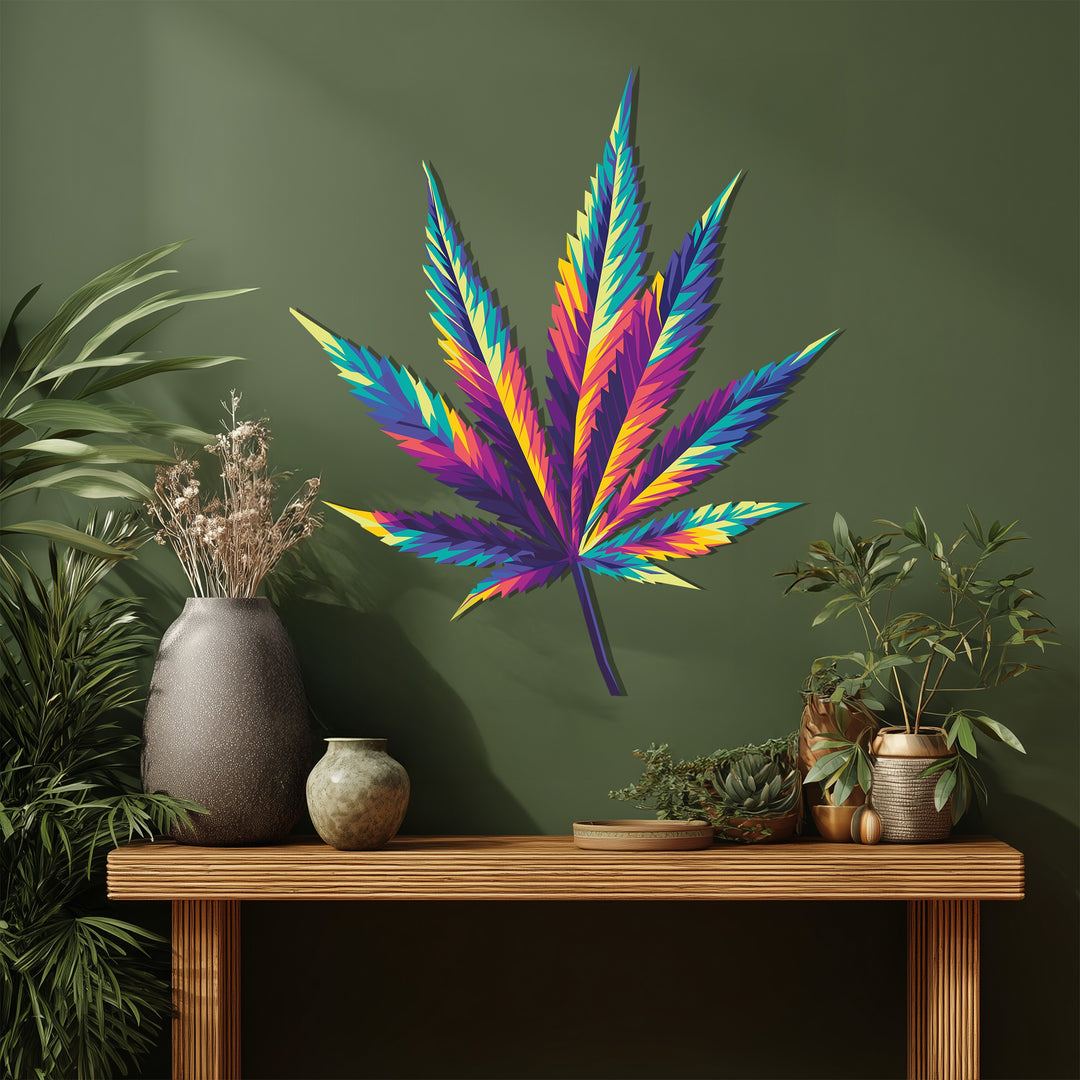 Exuding intense color saturation, this unique metal wall art displays a vibrant, abstract cannabis leaf, offering a psychedelic burst for modern wall decor.