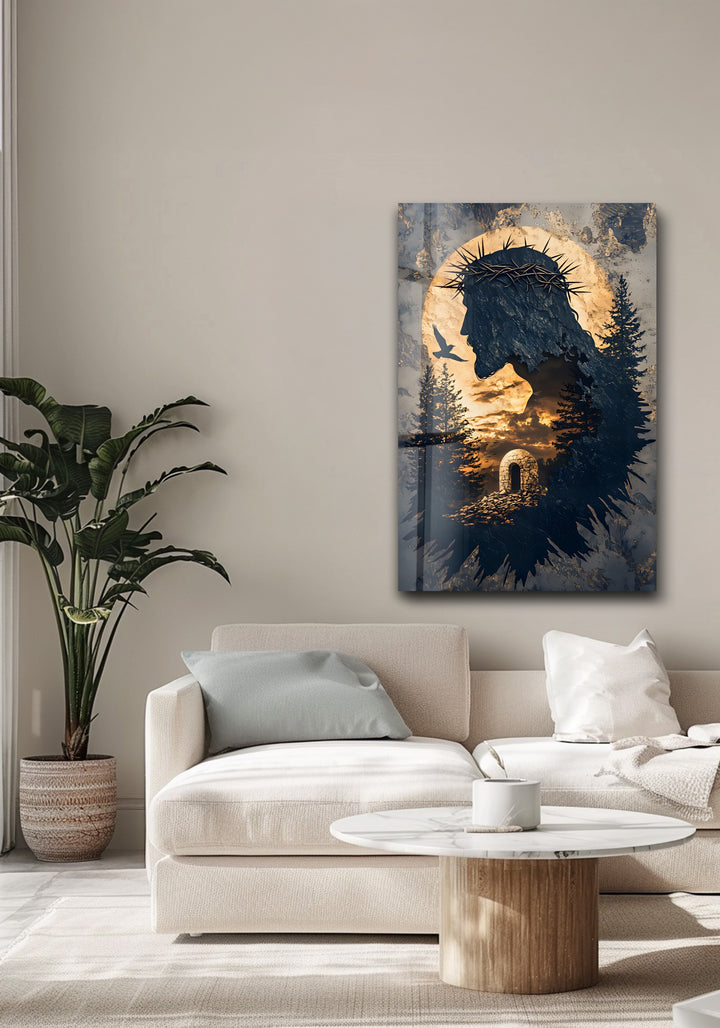 He Is Risen – Silhouette of Christ with Resurrection Tomb Glass Wall Art