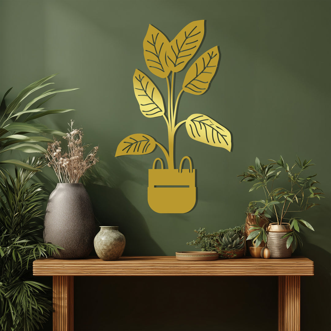 Showing the subtle surface texture of this botanical metal art for wall, a modern potted plant design bringing a minimalist touch.