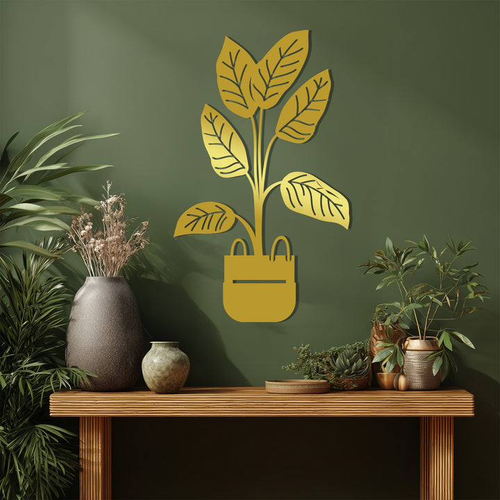 Showing the subtle surface texture of this botanical metal art for wall, a modern potted plant design bringing a minimalist touch.