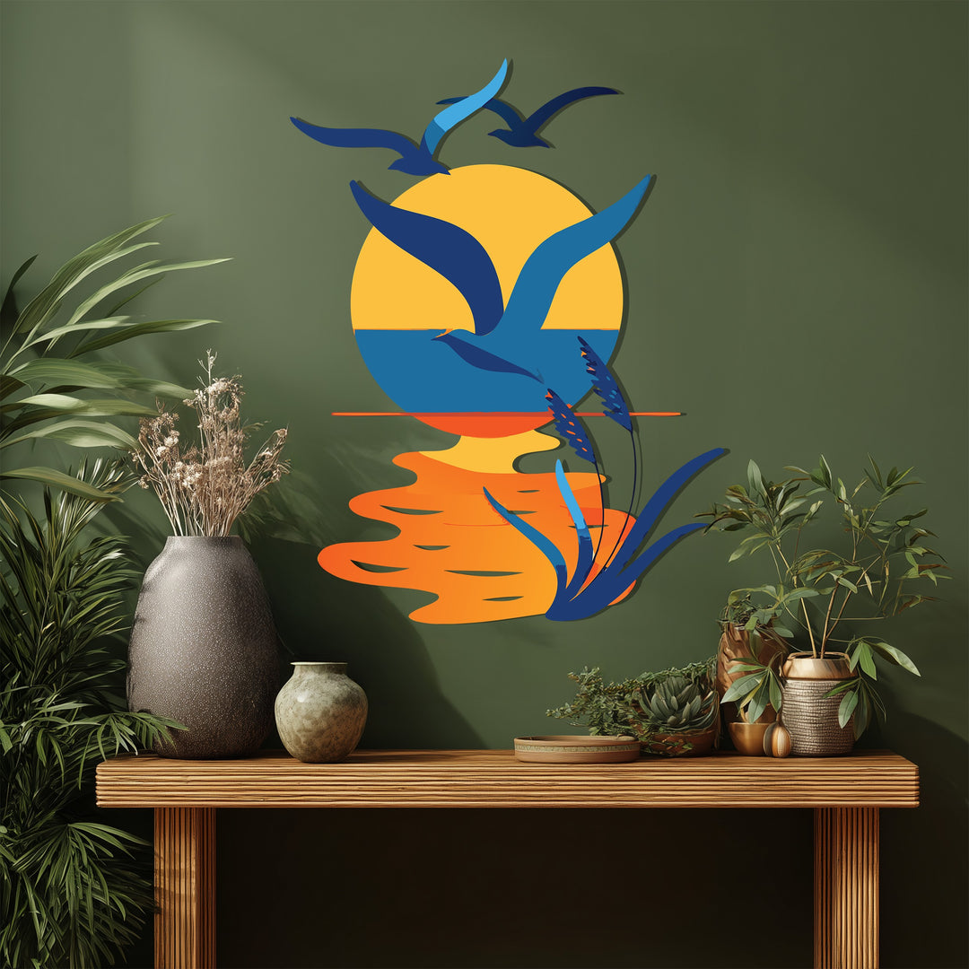 Seaside Harmony Metal Wall Art – Sunset & Flying Birds Design