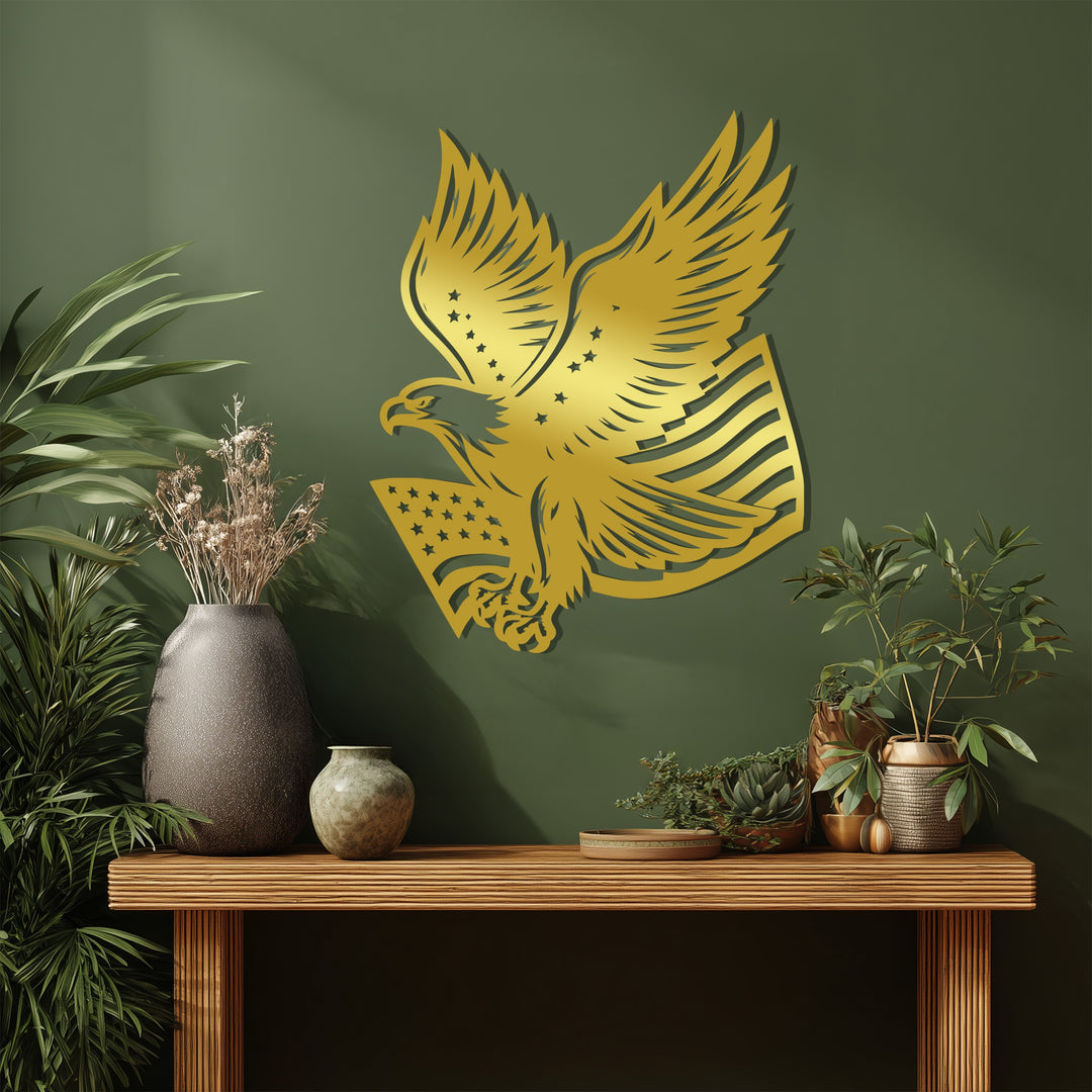 American Eagle Metal Wall Art – Patriotic Bald Eagle with USA Flag