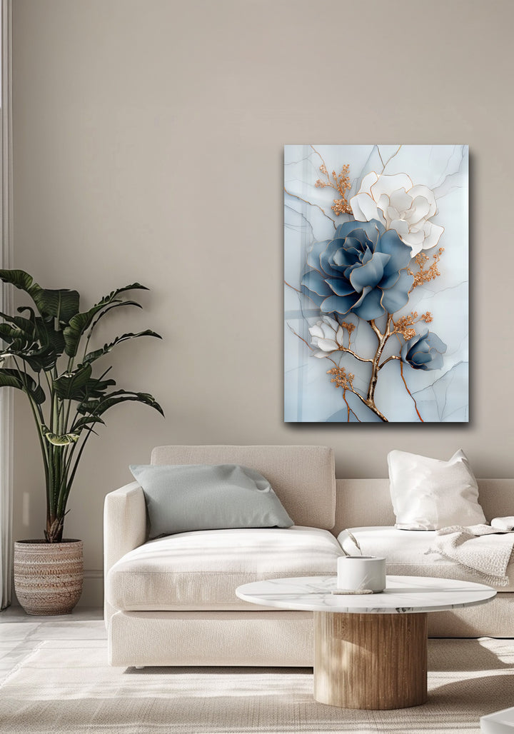 Blue Bloom Harmony – Elegant Floral Glass Wall Art